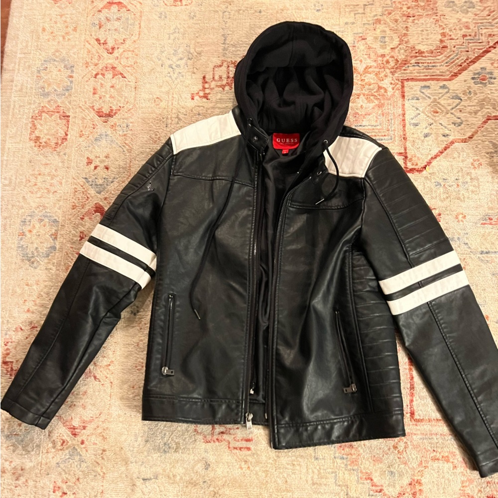 Guess Leather Jacket. Black/white. Removable hood.